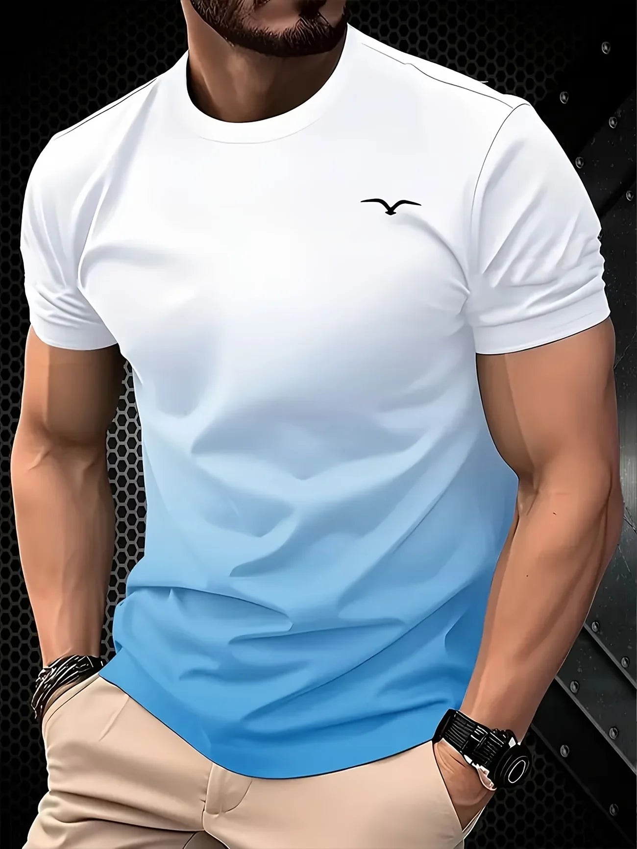 Men's Summer Luxury Gradient 3D Print T-Shirt, Turquoise Gold Swirl Wave Abstract Pattern, Crew Neck Short Sleeve, Breathable &