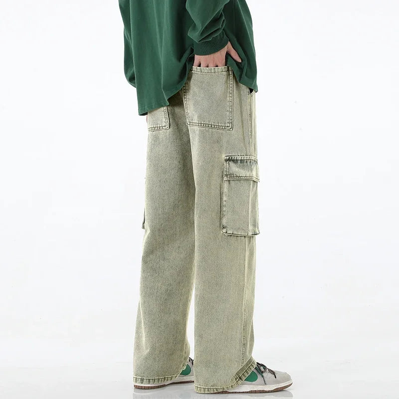 Pantalones vaqueros cargo holgados para hombre, estilo streetwear vintage, de pierna ancha, estilo streetwear americano Y2K, con bolsillos grandes, para jóvenes.
