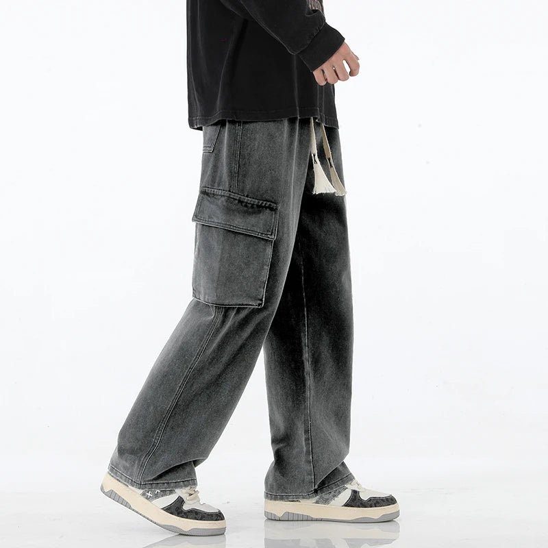 Pantalones vaqueros cargo holgados para hombre, estilo streetwear vintage, de pierna ancha, estilo streetwear americano Y2K, con bolsillos grandes, para jóvenes.