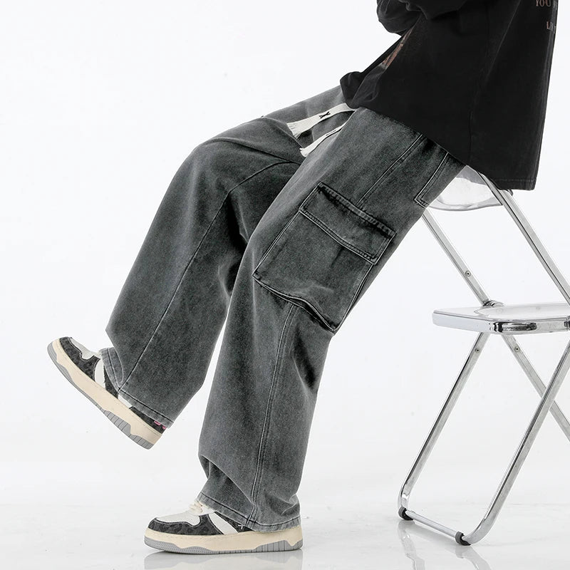 Pantalones vaqueros cargo holgados para hombre, estilo streetwear vintage, de pierna ancha, estilo streetwear americano Y2K, con bolsillos grandes, para jóvenes.