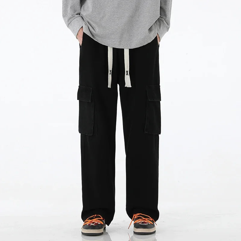 Pantalones vaqueros cargo holgados para hombre, estilo streetwear vintage, de pierna ancha, estilo streetwear americano Y2K, con bolsillos grandes, para jóvenes.
