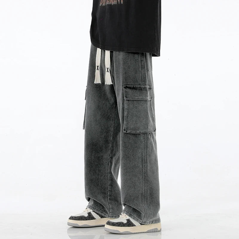 Pantalones vaqueros cargo holgados para hombre, estilo streetwear vintage, de pierna ancha, estilo streetwear americano Y2K, con bolsillos grandes, para jóvenes.