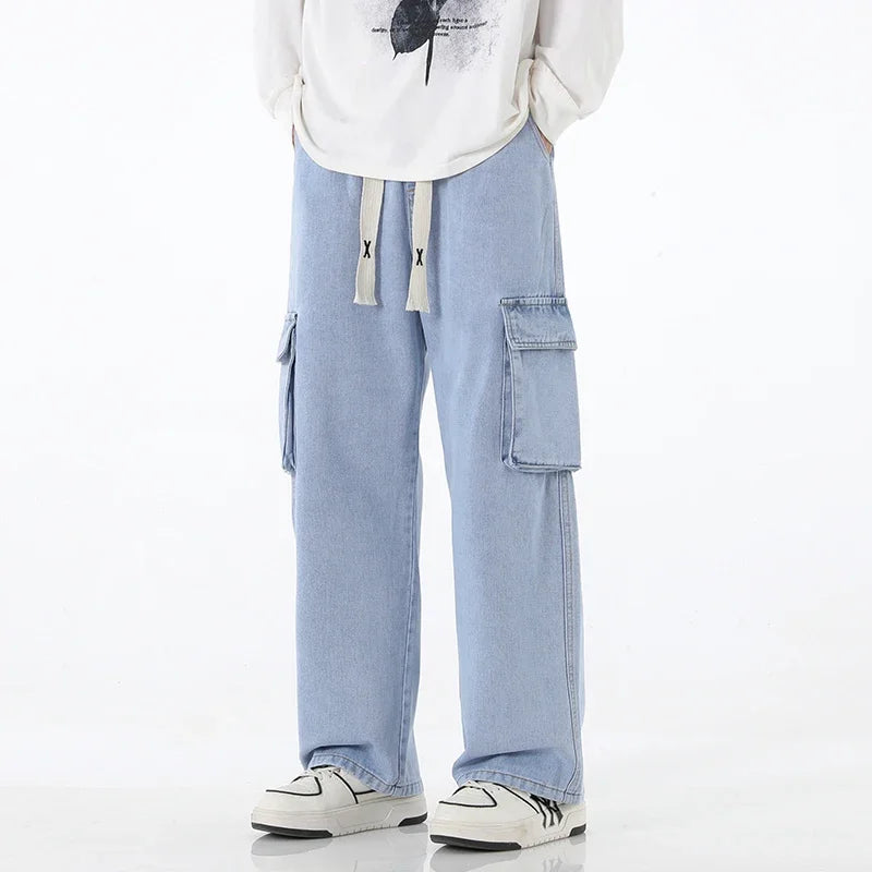 Pantalones vaqueros cargo holgados para hombre, estilo streetwear vintage, de pierna ancha, estilo streetwear americano Y2K, con bolsillos grandes, para jóvenes.