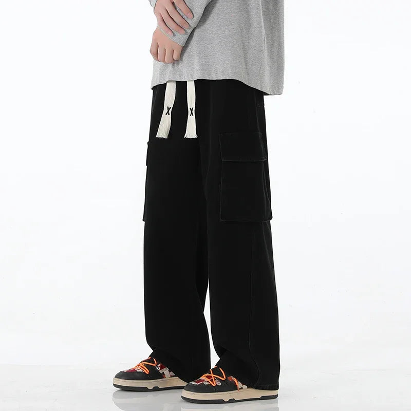 Pantalones vaqueros cargo holgados para hombre, estilo streetwear vintage, de pierna ancha, estilo streetwear americano Y2K, con bolsillos grandes, para jóvenes.