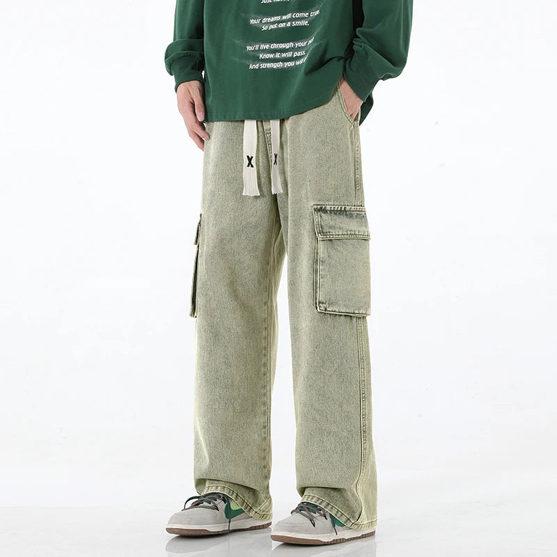 Pantalones vaqueros cargo holgados para hombre, estilo streetwear vintage, de pierna ancha, estilo streetwear americano Y2K, con bolsillos grandes, para jóvenes.
