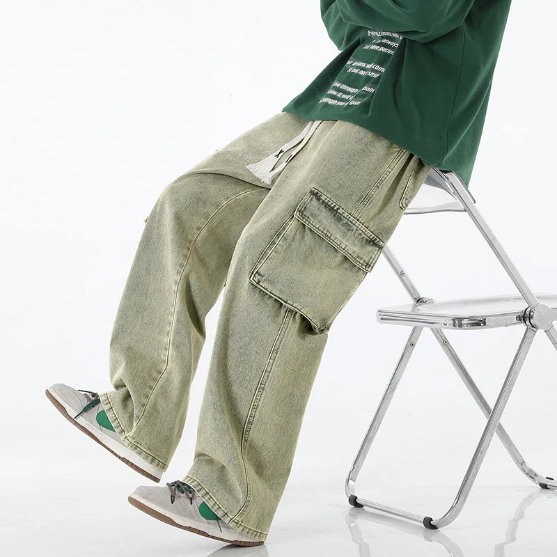 Pantalones vaqueros cargo holgados para hombre, estilo streetwear vintage, de pierna ancha, estilo streetwear americano Y2K, con bolsillos grandes, para jóvenes.