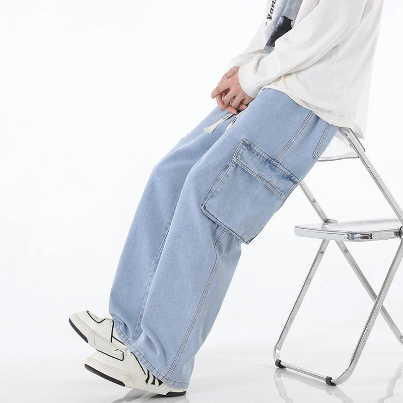 Pantalones vaqueros cargo holgados para hombre, estilo streetwear vintage, de pierna ancha, estilo streetwear americano Y2K, con bolsillos grandes, para jóvenes.